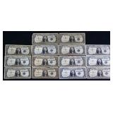 Lot of 14 blue seal $1 silver certificates