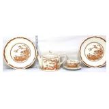 5 piece quail brown Furnivals transferware lot