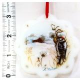 Fenton satin downy woodpecker Christmas ornament