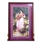 Framed 20.5x32 lady in garden art NO SHIP