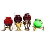 Lot of 4 colorful vases w/ metal stands