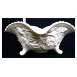 Vntg IG satin milk glass footed rose pattern bowl