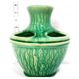Vntg 8in green pottery multi hole bulb vase
