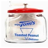 Square glass Toms canister w/ red metal lid