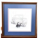 Framed 18.5x19 cross stitch winter geese art
