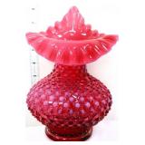Fenton cranberry opalescent hobnail 8in JIP vase