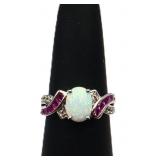 Sterling fire opal & ruby ring, lab created