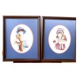 Pair framed 18.5x23 cross stitch boy/girl art