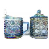 Vntg blue carnival button & cane sugar/creamer set