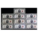 Lot of 10 red seal $5 notes