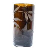 Brown glass cylinder vase w/ etched leaf pattern