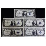 Lot of 5 blue seal $1 silver certificates