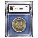 Graded MS64 1949D Franklin half dollar