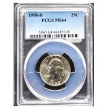 Graded MS64 1958D silver quarter