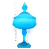 Vntg blue satin diamond point covered compote