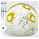 Latticino art glass white/yellow paperweight