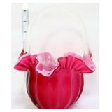 Cranberry satin glass basket w/ clear handle