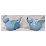 2 vntg blue small singing bird planters