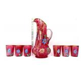 7 piece vntg cranberry enameled water set
