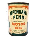 Vntg 1qt Dependable Penn Motor Oil can