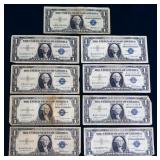 Lot of 9 blue seal $1 notes