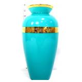 Vntg Italian turquoise 11in vase w/ gold band