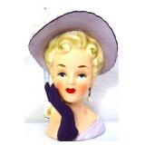 Vntg Relpo 6.5in lady head vase w purple hat
