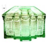 Green glass log cabin candy dish