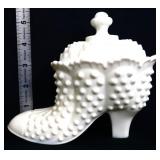 Fenton milk glass hobnail boot with lid