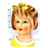 Vntg Relpo lady head vase w/ yellow bow, see pics