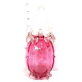 Cranberry art glass basket w/ clear handle