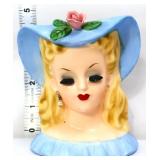 Vntg 4in lady head vase w blue hat see photos