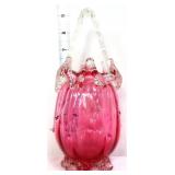 Cranberry art glass basket w/ clear handle