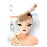 Vntg 7in lady head vase w/ peach hat, see pics
