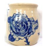 Stone utensil crock with blue cobalt flowers