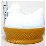 Avon milk glass hen on amber glass nest