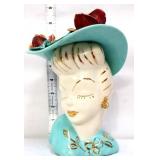 Vntg 8in lady head vase w teal hat see photos