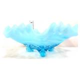 Vntg 9in blue opalescent footed bowl