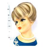 Vntg 6in lady head vase w/ blue shirt, see photos