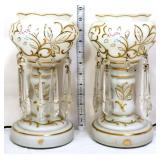 Pair vntg white satin electrified mantle lustres