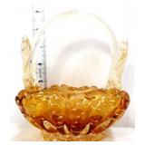 Amber bubble art glass basket, clear handle