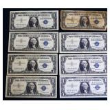 Lot of 8 blue seal $1 notes