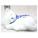 Fenton milk glass sleeping cat w/ blue flowers