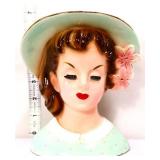 Vntg 6in lady head vase w/ green/white hat see pic