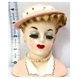 Vntg 4in lady head vase w/ peach hat see pics