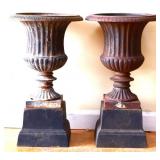 Pair 20in cast iron urns with stand NO SHIP
