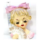 Vntg 5in lady head vase w/ pink bow, see photos