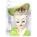 Vntg 6in lady head vase w/ green hat, see pics