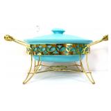 MCM CA Pottery turquoise chaffin dish w/ stand