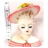 Vntg 5in lady head vase w/ pink hat, see pics